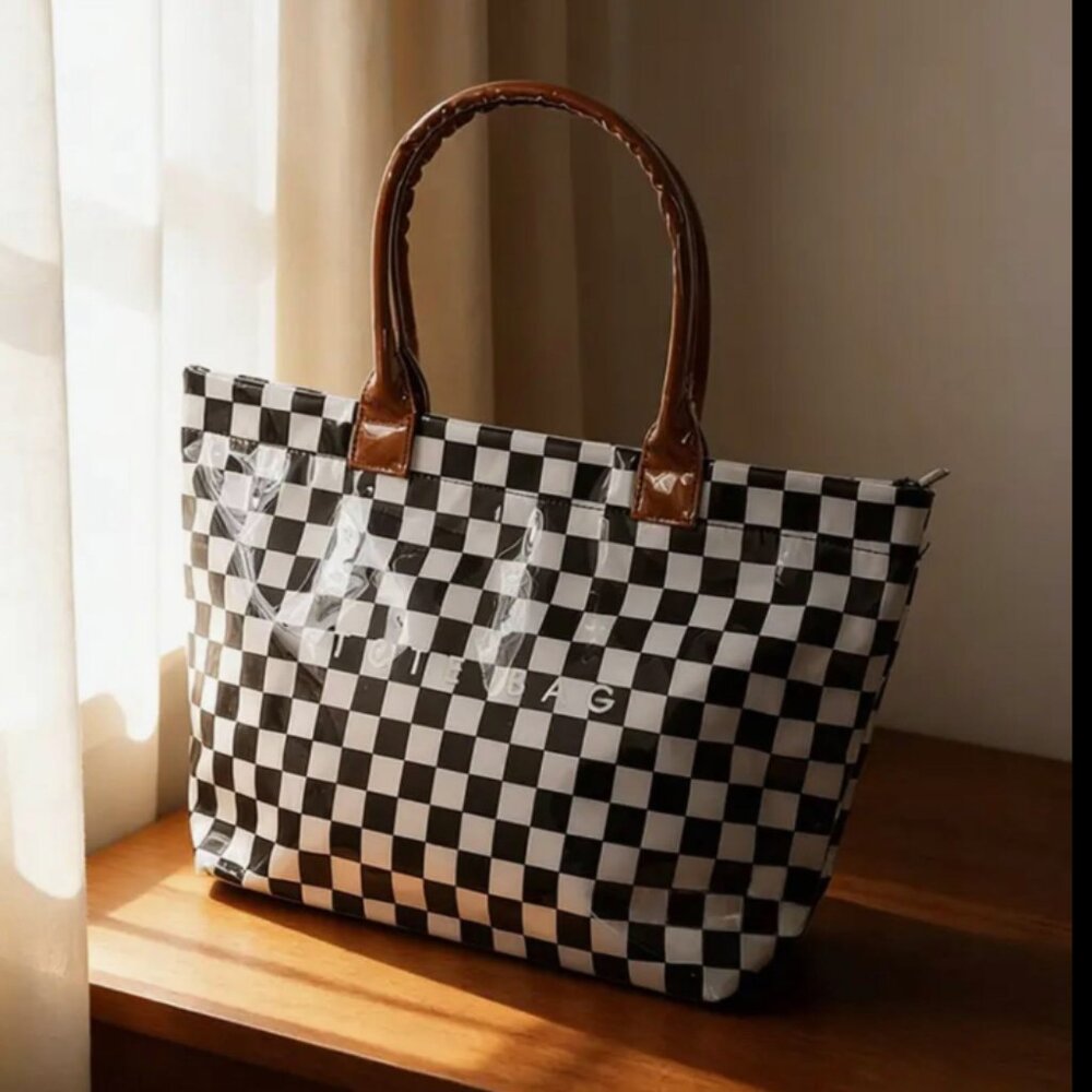Black & White checkered TOTE BAG handbag shoulder bag brown straps PVC NEW